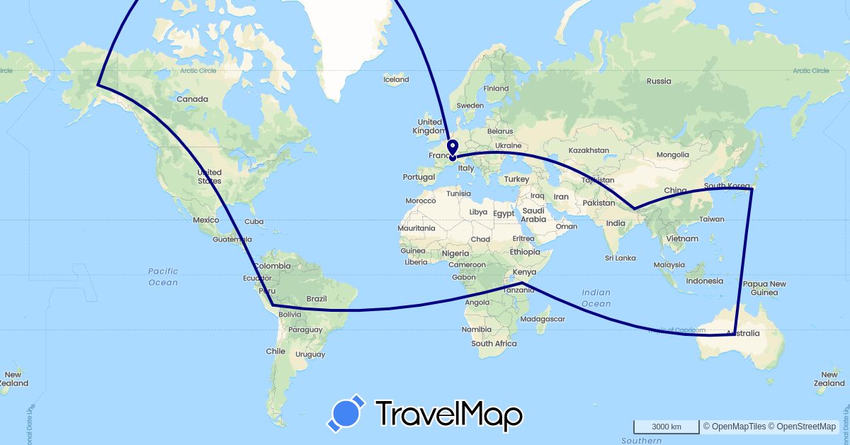 TravelMap itinerary: driving in Australia, France, Japan, Nepal, Peru, Tanzania, United States (Africa, Asia, Europe, North America, Oceania, South America)
